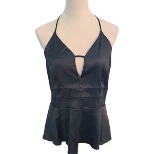Express Black Satin Halter Top Sz 16 Deep V-Neck Peplum Open Back Dark Romance